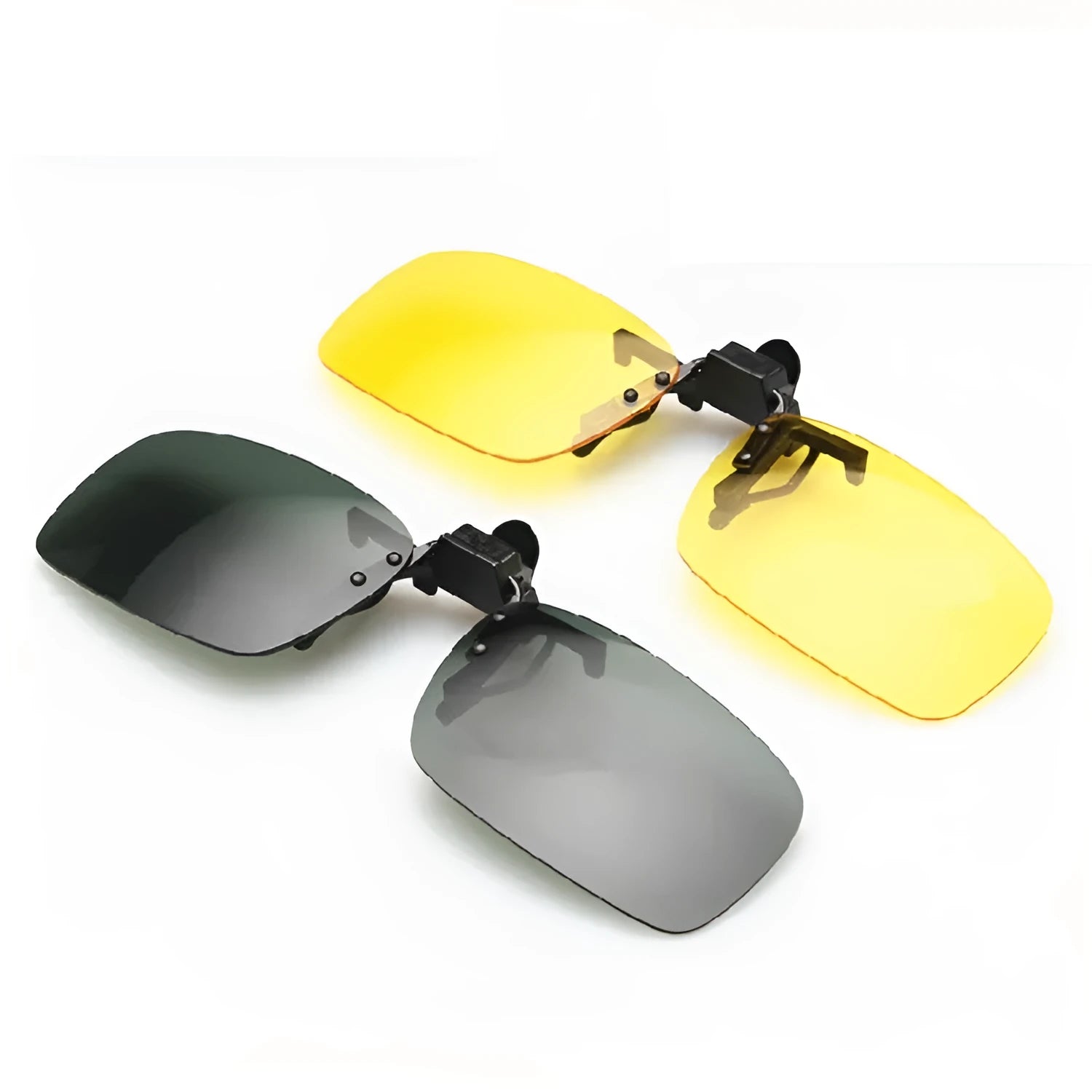 Myopia clip-on driving sunglasses with PC lenses in grey, green, and night vision options.
