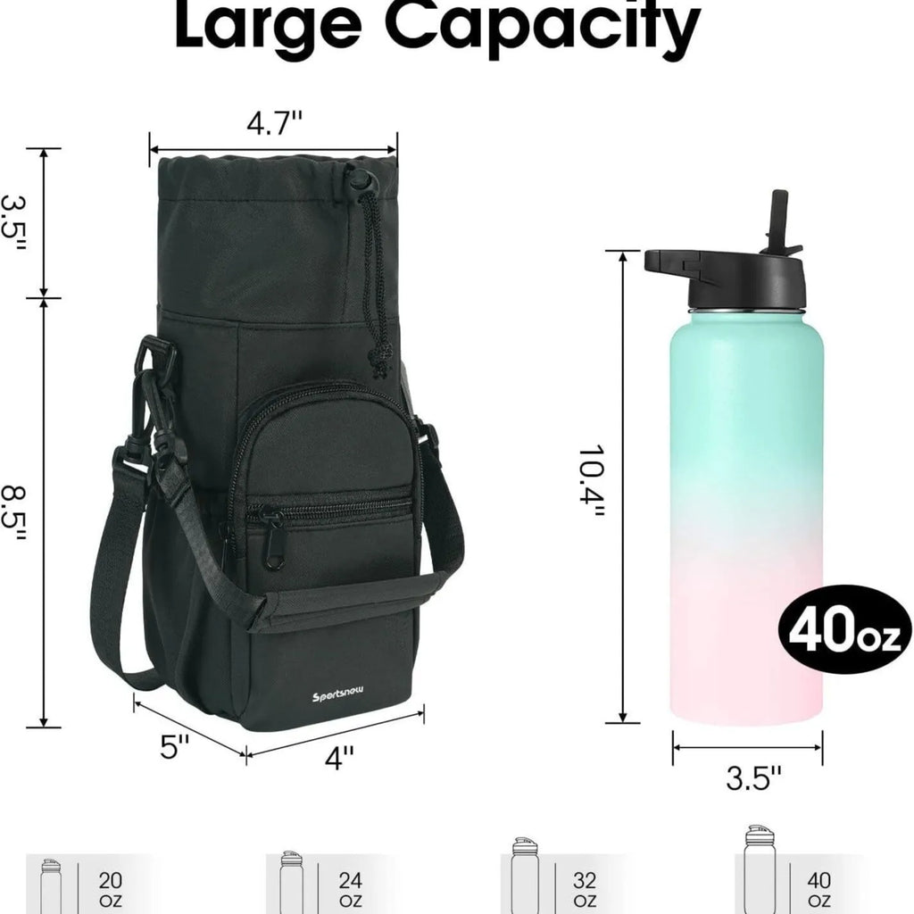 Cloth water bottle shoulder bag with crossbody strap in black, green, or pink colour