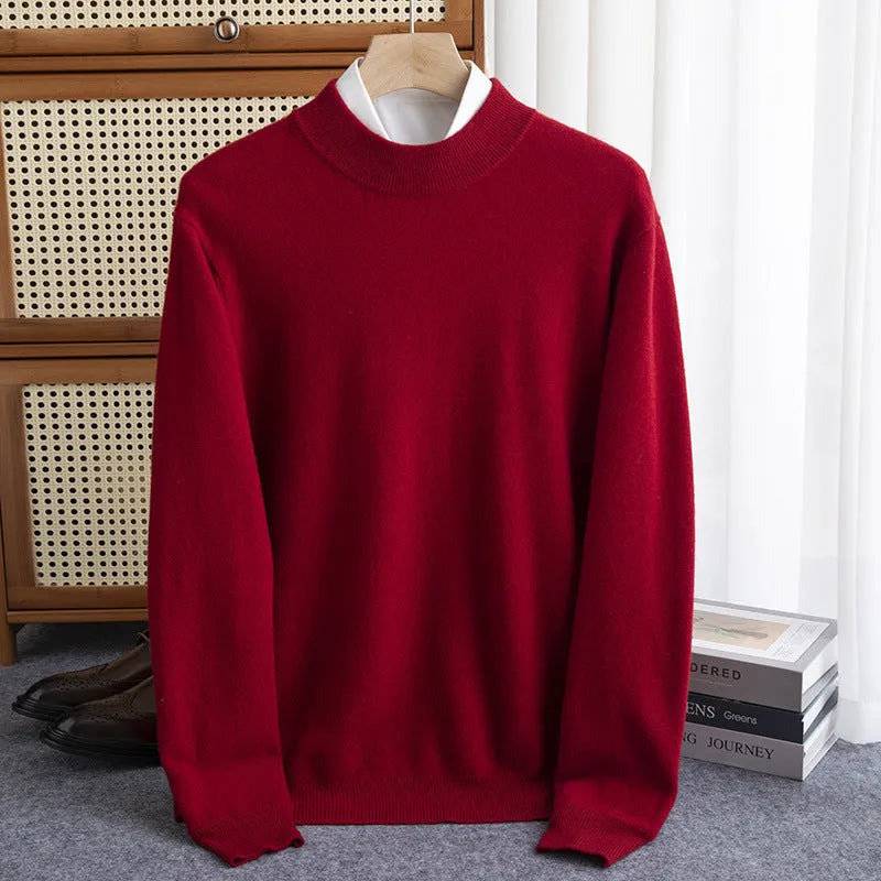 Men's loose fit half-turtleneck wool sweater in a neutral colour on a hanger.