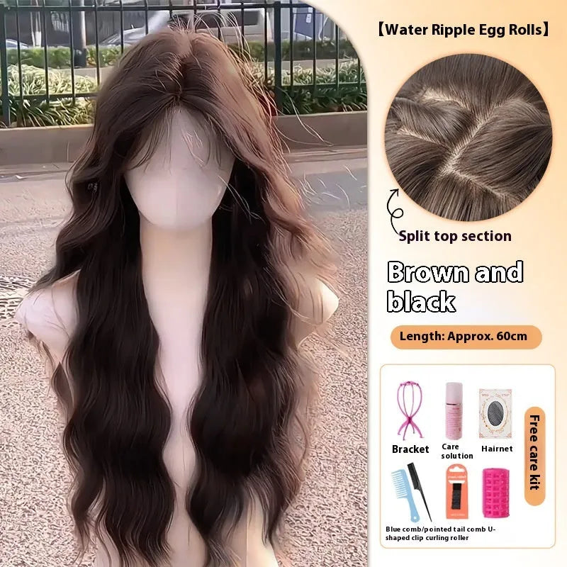 Full-head artificial hair wig with long curly style and side bangs in brown colour options