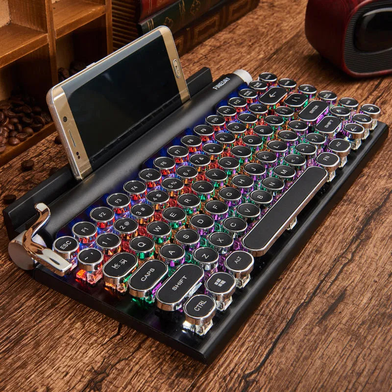Black retro-style Bluetooth mechanical keyboard with backlight on wooden desk