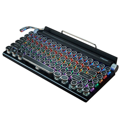 Black retro-style Bluetooth mechanical keyboard with backlight on wooden desk