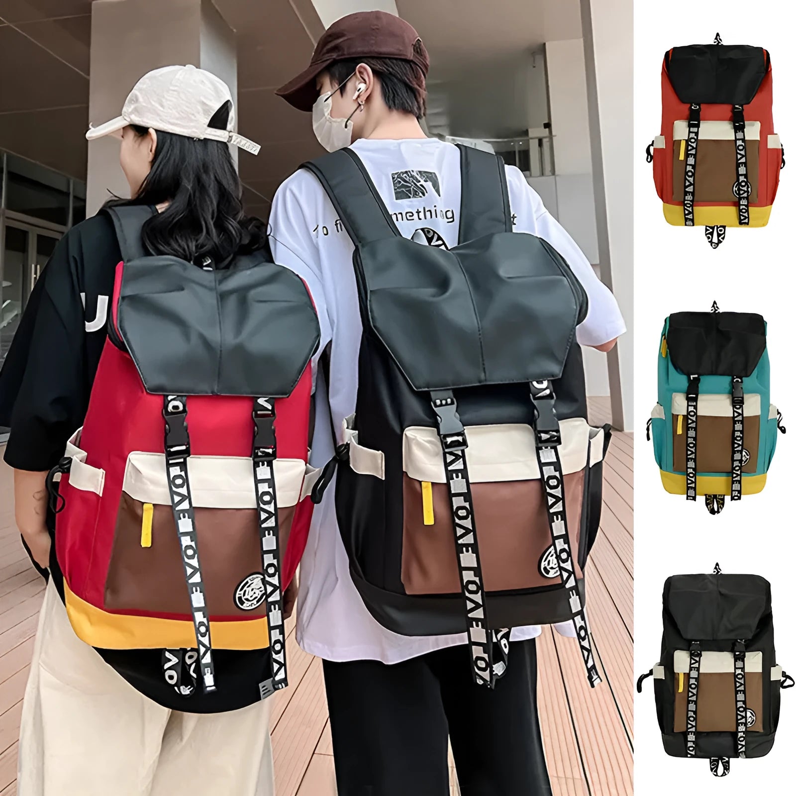 Oxford cloth backpack in black, green, or red with adjustable carrying straps.