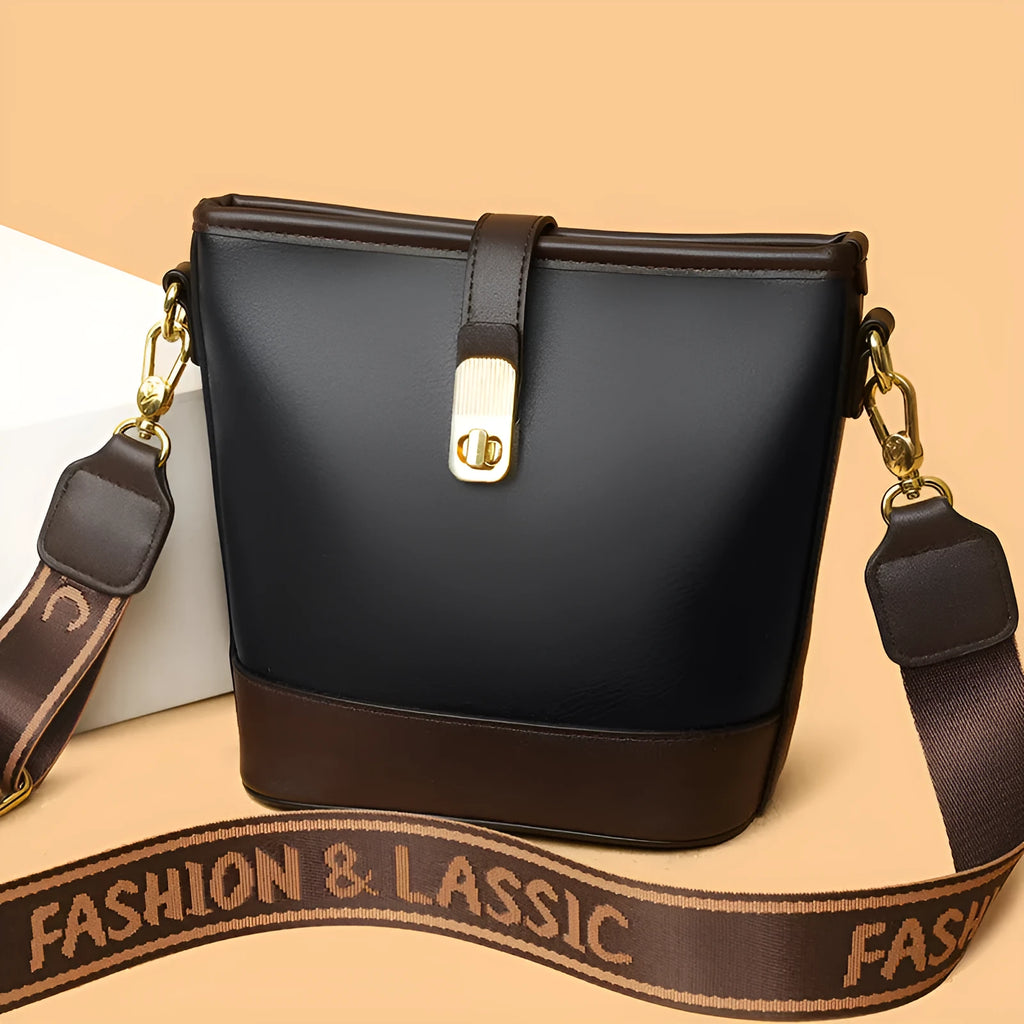 Korean style black PU bucket shoulder messenger bag showing internal organisation compartments
