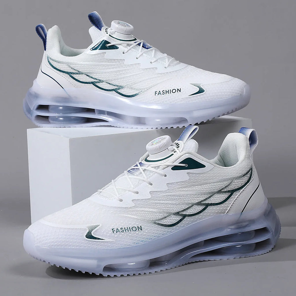 White men's casual running shoes with rotating button closure and mesh upper in Korean style design