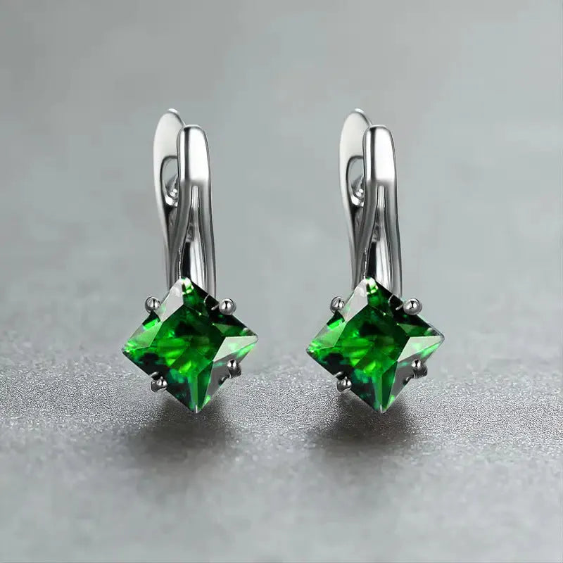 Copper diamond design earrings with inlaid zircon stones in blue, green and colour options