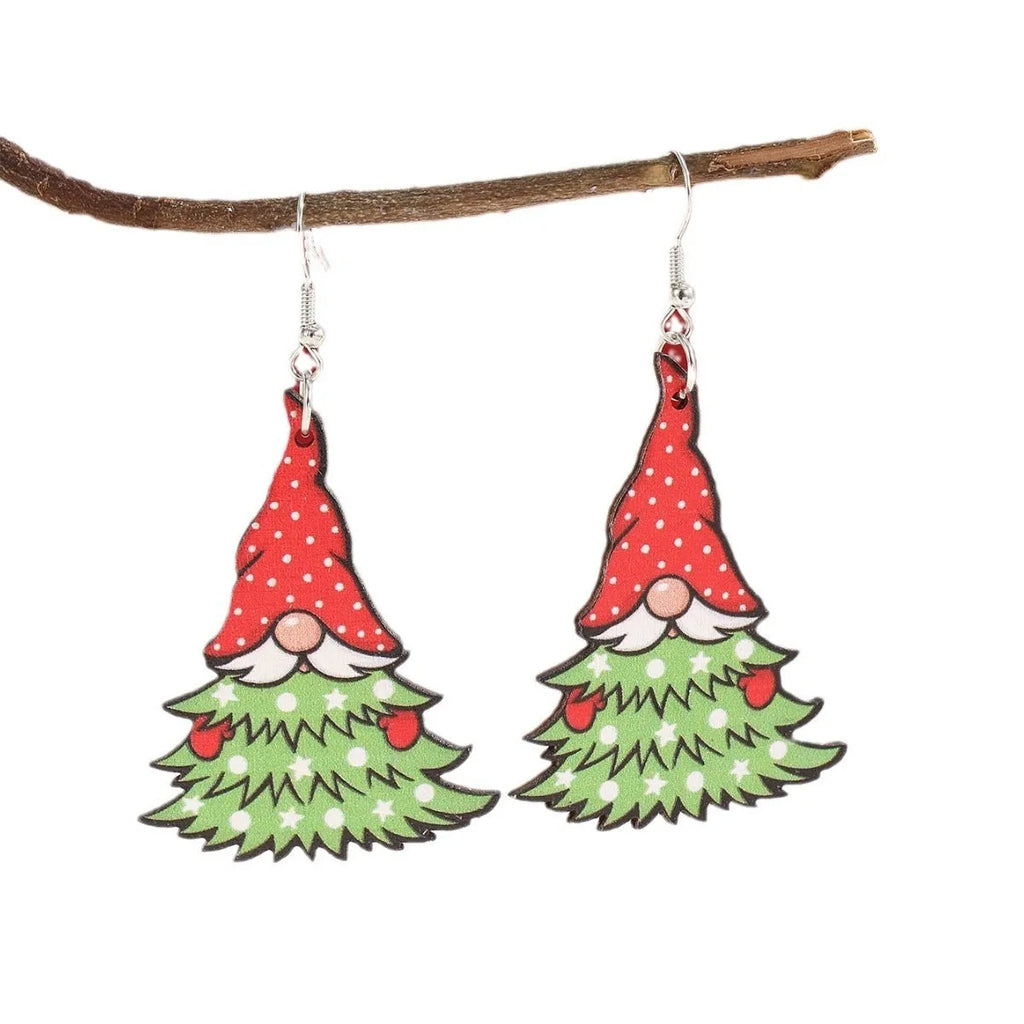Wooden Christmas earrings with geometric shapes and printed Santa Claus designs
