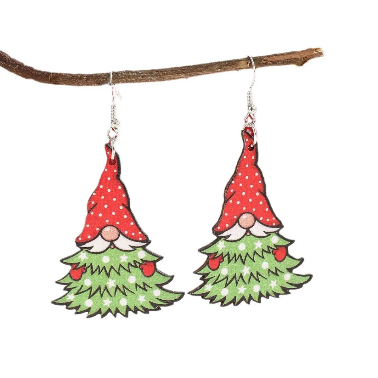 Wooden Christmas earrings with geometric shapes and printed Santa Claus designs