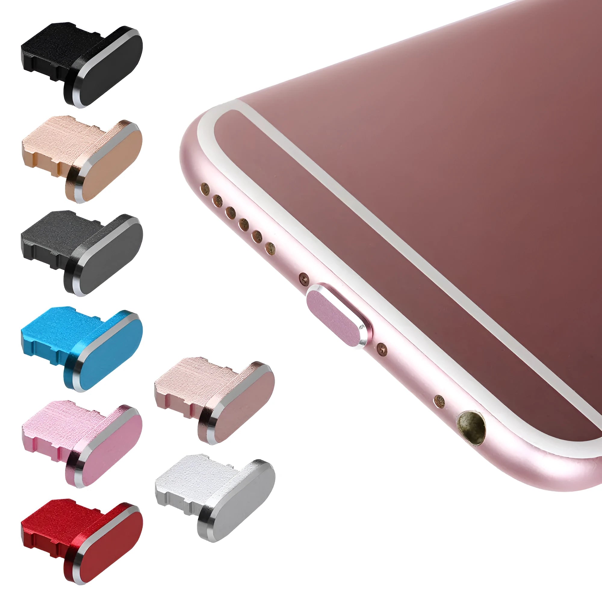Aluminium alloy charging port dust plug for iPhone in various colours including gold, silver, blue, and rose gold.