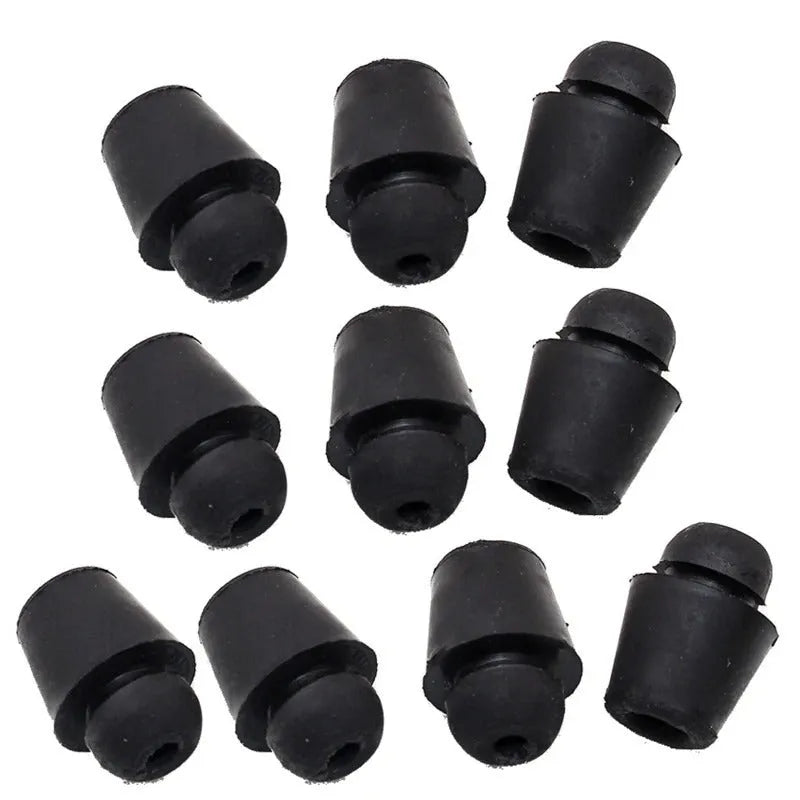 Ten black rubber automobile buckle clips for shock absorption, arranged on a white background.