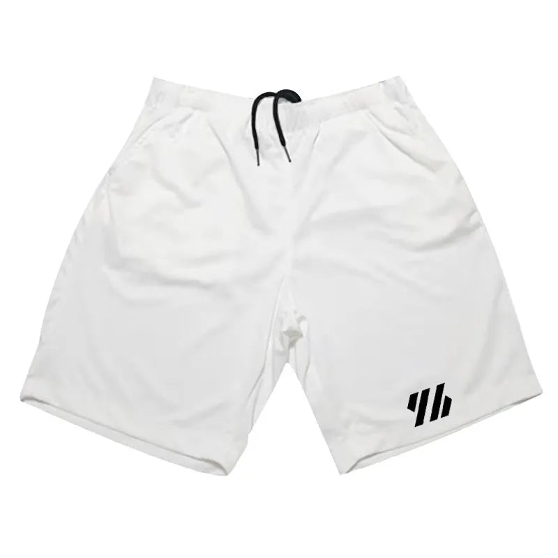 Men's loose-fit metal silk sports shorts in multiple colours on a size chart background