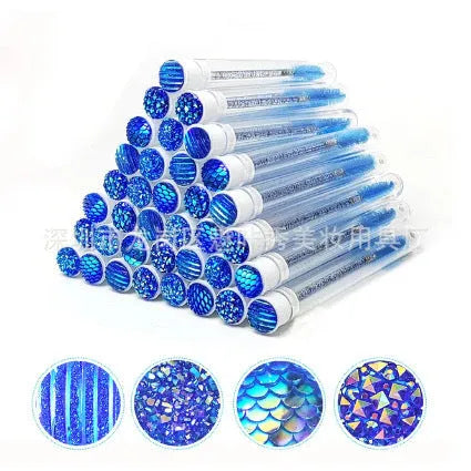 Set of coloured disposable mascara wands with clear plastic storage tubes