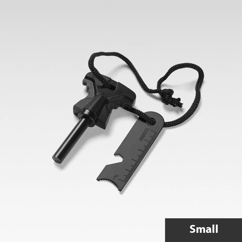 Butterfly-shaped stainless steel survival tool with a fire starter rod and integrated bottle opener.