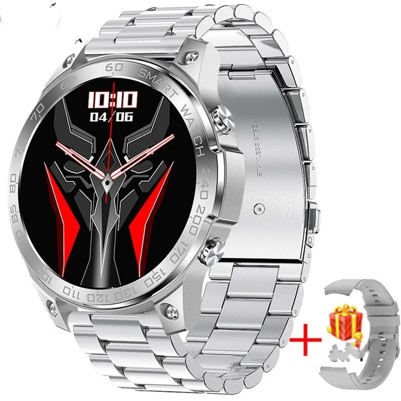 Bluetooth smartwatch with round AMOLED display showing fitness metrics on silicone wristband