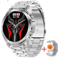 Bluetooth smartwatch with round AMOLED display showing fitness metrics on silicone wristband