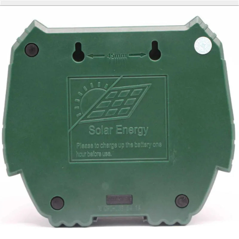 Green solar ultrasonic animal repeller device with outdoor mounting