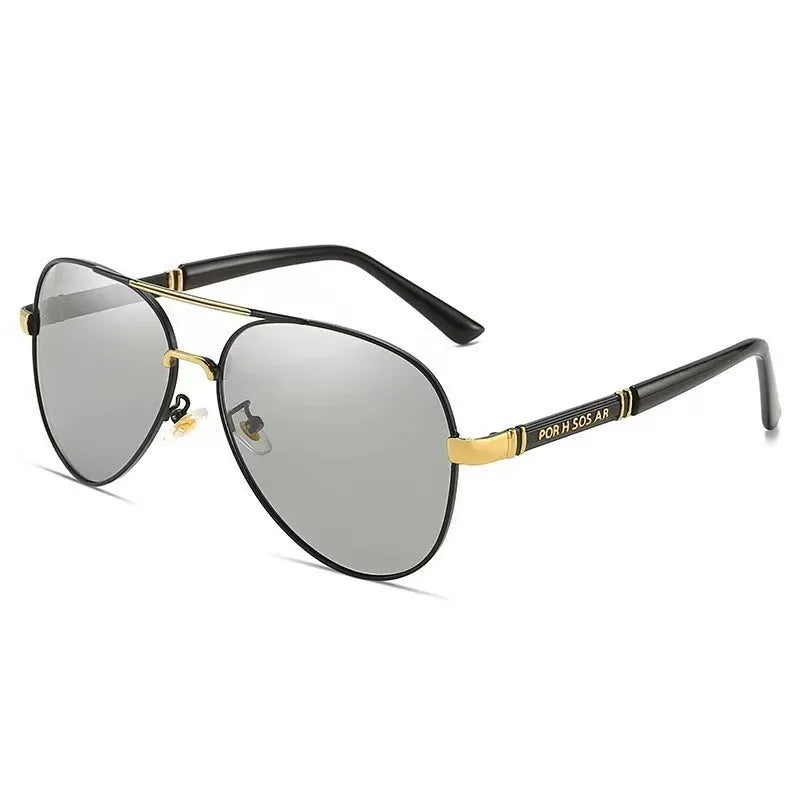 Men's metal frame polarised sunglasses in gold with grey lenses and dragon phoenix decoration.