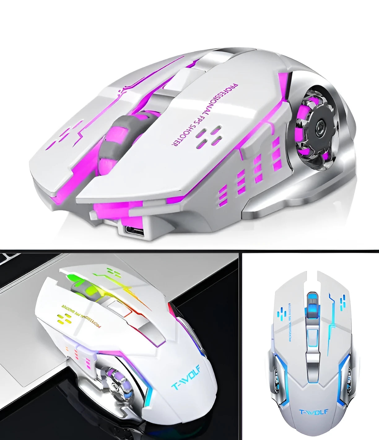Black and white silent wireless mouse with six buttons showing wireless receiver