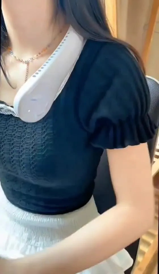 White USB rechargeable bladeless neck fan showing flexible neckband and air outlets.