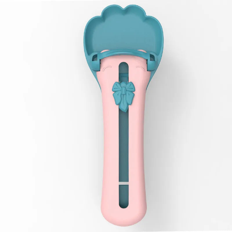22cm green and pink pet food squeezer scoop with clear reservoir and soft silicone tip
