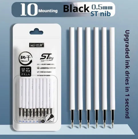 Quick-drying ballpoint pen refill with 500m writing length in black, red, blue, and ink blue colours.