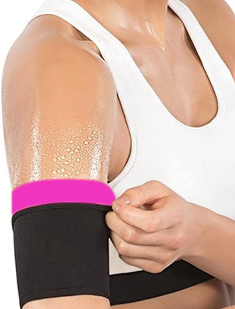 Adjustable sports arm sweatband in multiple colour options including blue, silver, black with red, and black with yellow.