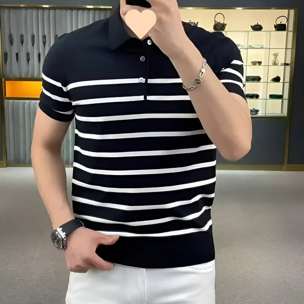 Black and white striped pullover knitted t-shirt with lapel detail and non-iron chemical fibre blend fabric