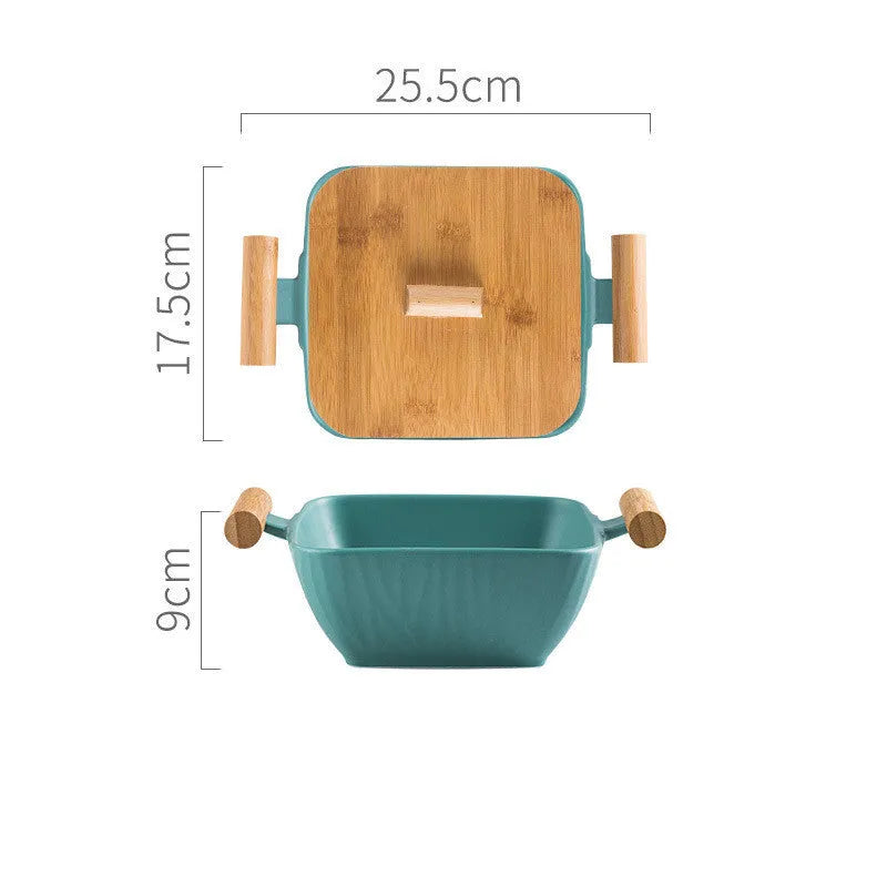 Ceramic serving bowl with irregular modern shape and matching lid in various colour options