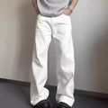 A pair of men's white wide-leg straight jeans with a mid-rise waist and zipper fly on a plain background.