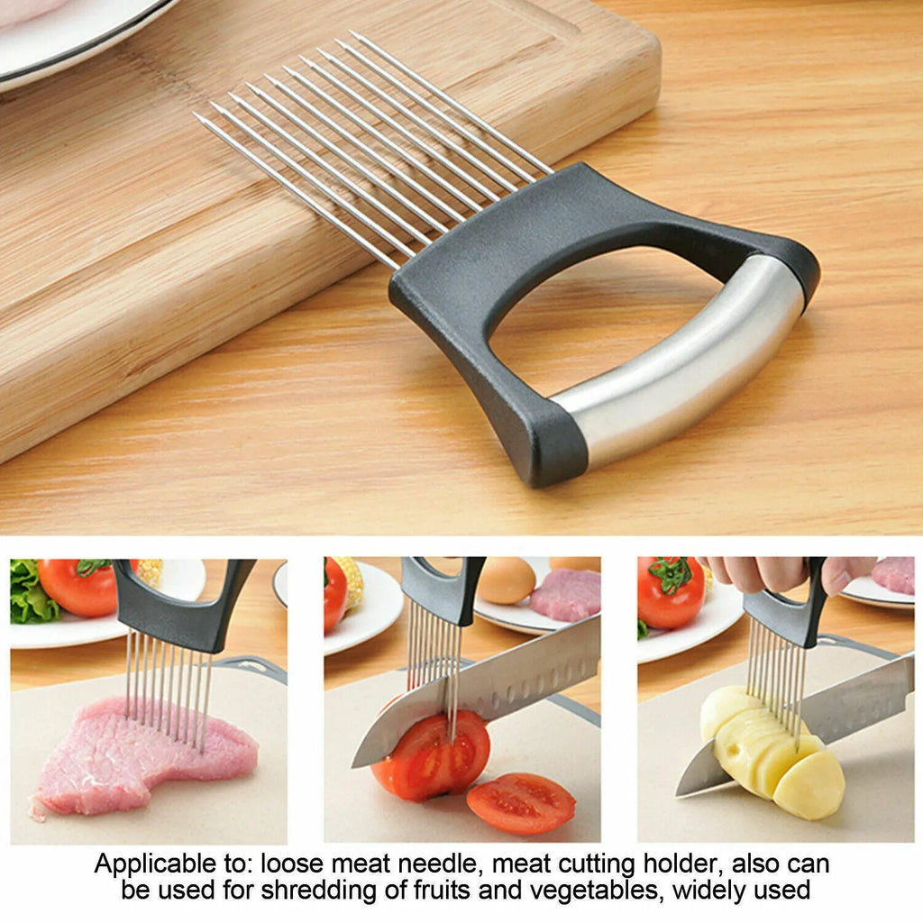 Stainless steel onion holder slicer with ABS handle on a kitchen worktop