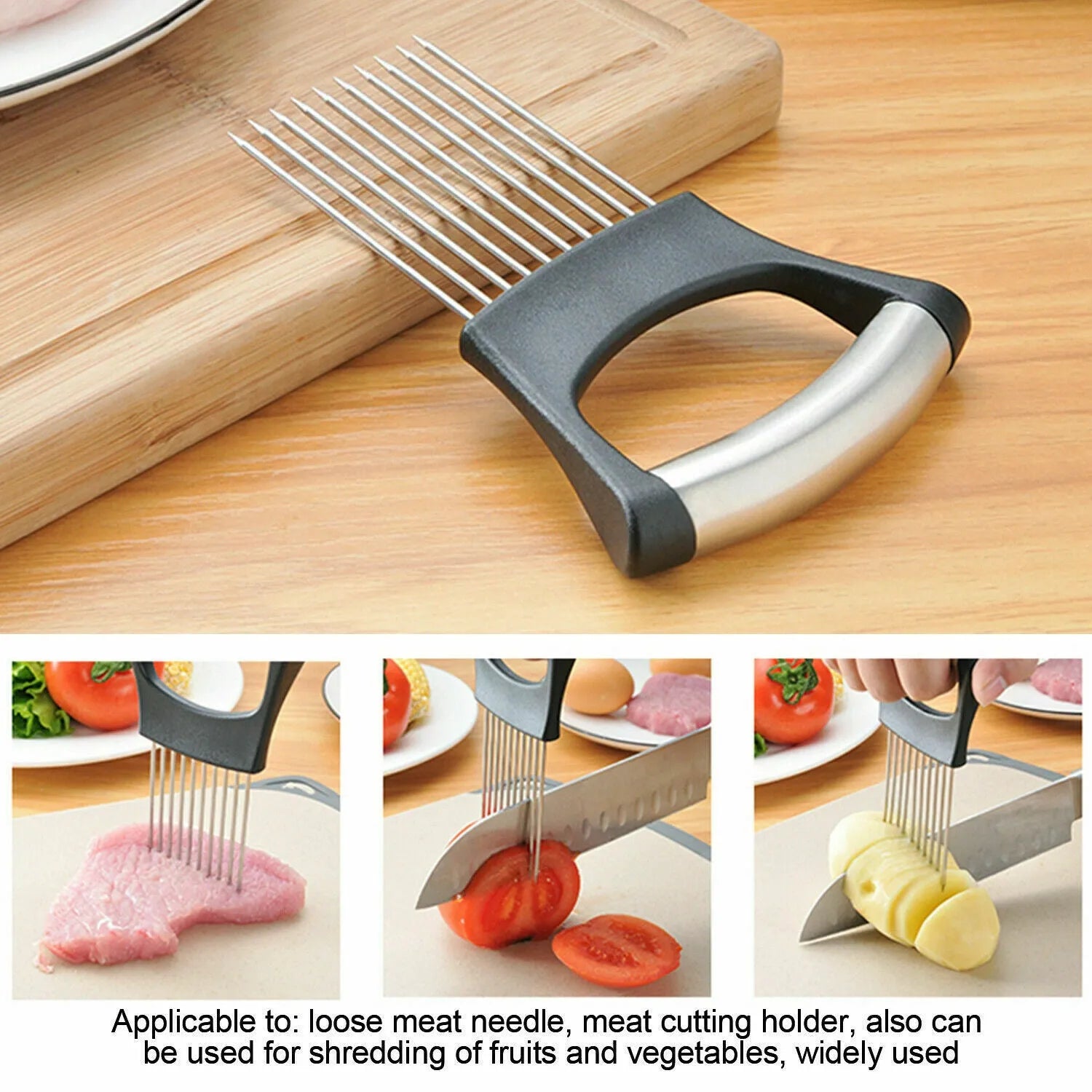 Stainless steel onion holder slicer with ABS handle on a kitchen worktop