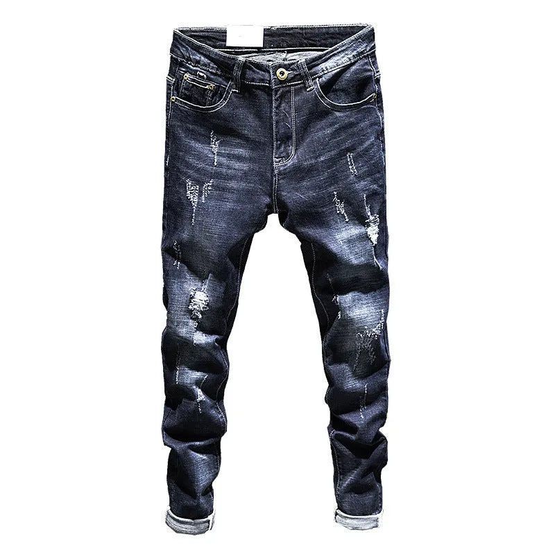 Men's skinny fit jeans in dark blue cotton denim with micro elasticity and mid-waist design