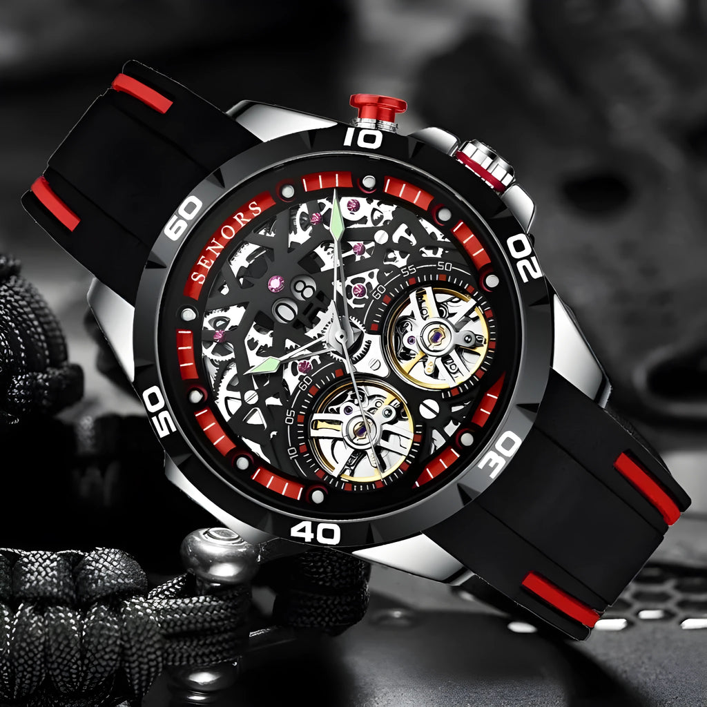 Men's automatic mechanical watch with luminous hands and hollow dial in blue or red colour, 14mm thick case.