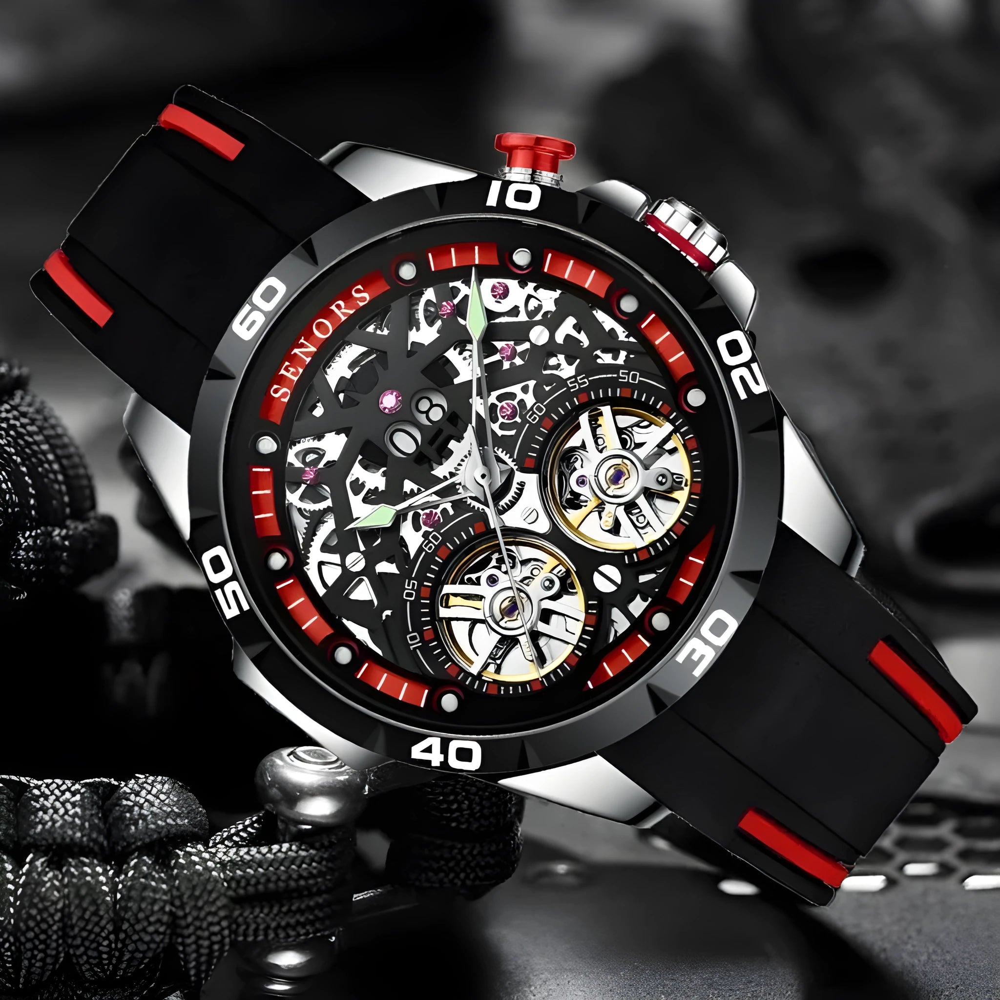Men's automatic mechanical watch with luminous hands and hollow dial in blue or red colour, 14mm thick case.