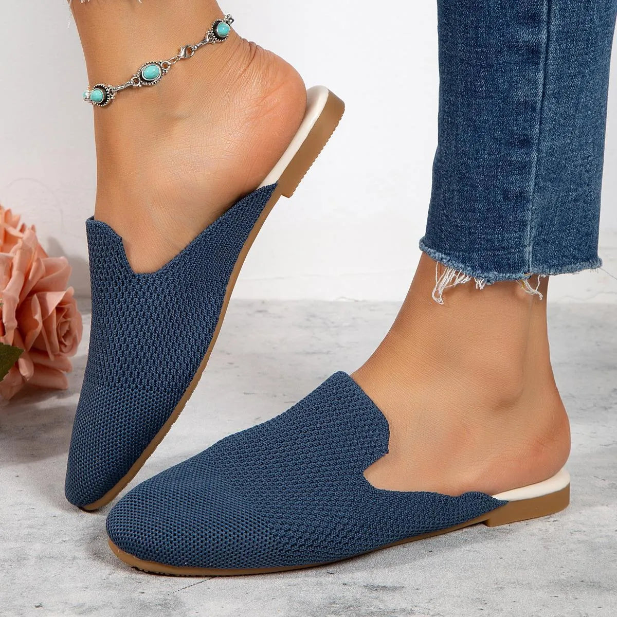 Casual mesh slip-on sandals with round toe, cloth upper and rubber sole in blue green or apricot colors for summer leisure