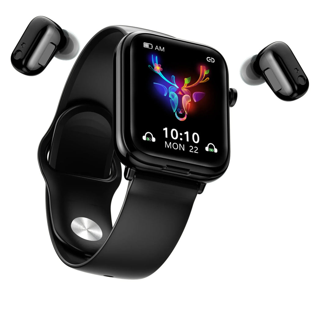 Black smartwatch with touch display and separate Bluetooth earpieces showing heart rate monitoring and call functions