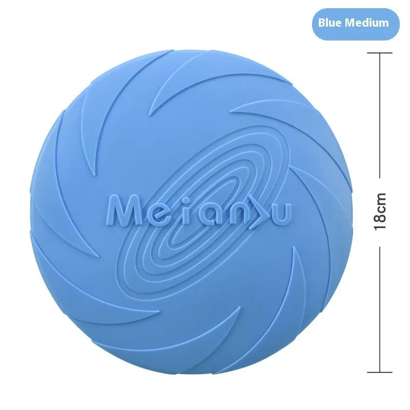 Soft rubber dog flying disc toy in blue colour suitable for outdoor fetch games and walking sessions