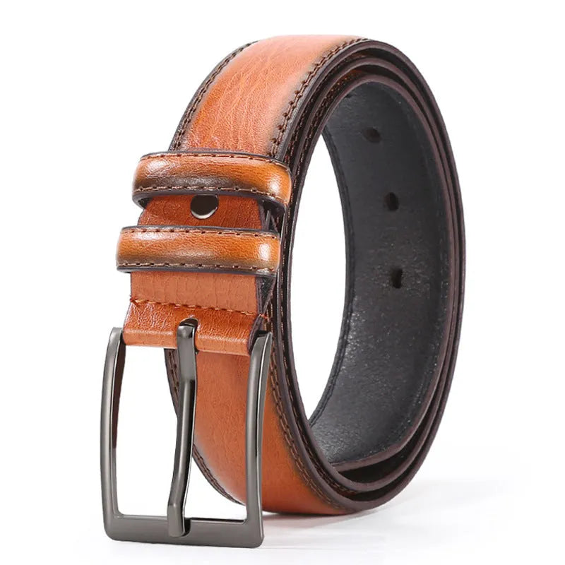 Men's business belt showing laser pattern detail with alloy pin buckle on imitation leather strap