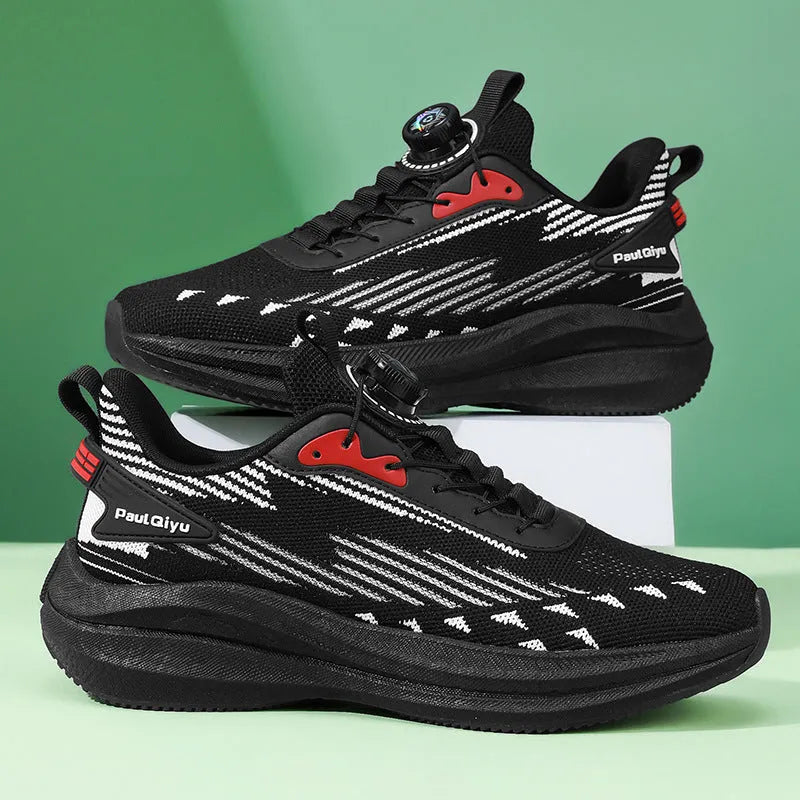 Men's white-green rotating buckle Fly-kit mesh casual running shoes with low-top flat heel design