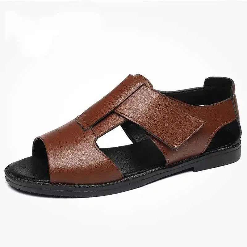 Men's black casual cowhide sandals with open toe and rubber sole