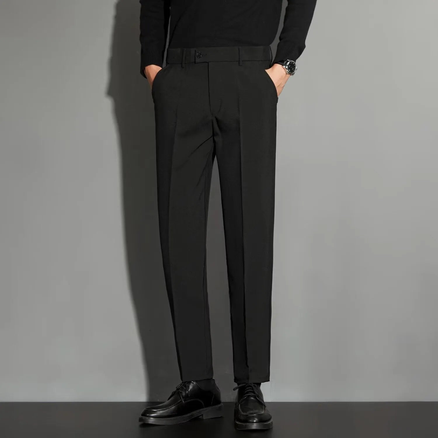 Men's straight ankle-length suit trousers with spring draping effect in chemical fibre blend fabric