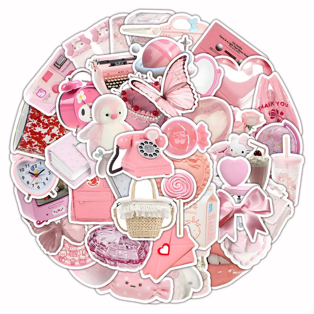 Pink girly heart decorative stickers pack with 63 pieces, showing 3D realistic effect in a cute style.