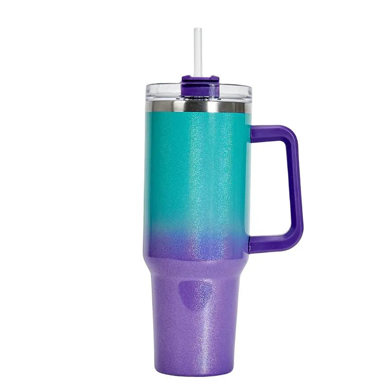 Large stainless steel vacuum insulation cup in a gradient colour, showing its 27.5cm height and wide mouth.