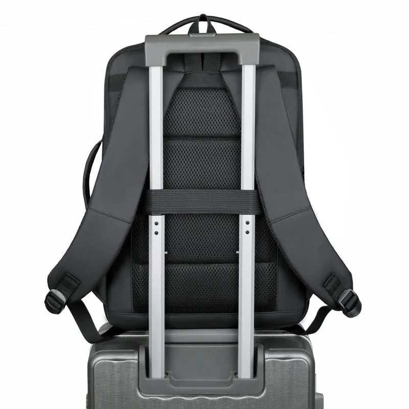 Men's waterproof Oxford cloth backpack with curved shoulder straps shown in black colour