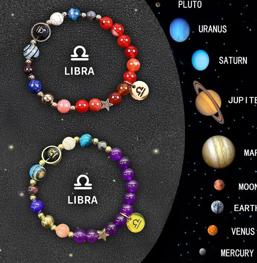 Natural stone beaded zodiac bracelet set showing twelve astrology constellation designs with adjustable cord