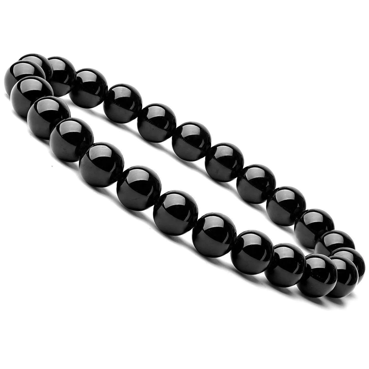 Geometric black agate stretch bracelet with 8mm beads on an elastic cord.