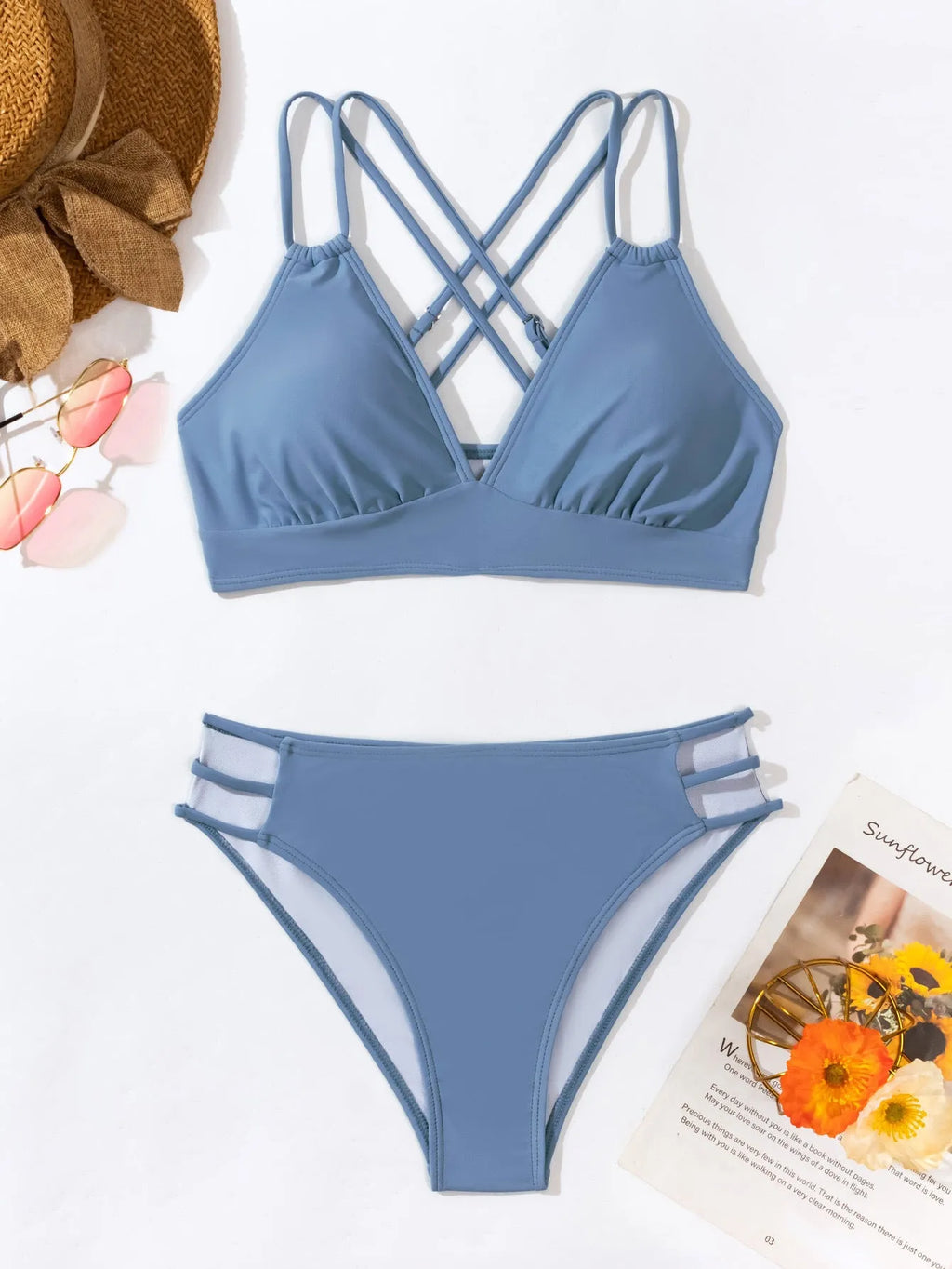 Women's V-neck halter bikini swimsuit in nylon fabric on mannequin