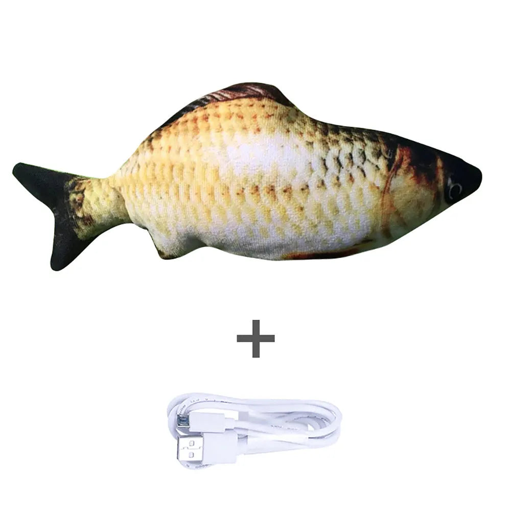 Electric jumping fish simulation cat toy showing multicolor options and USB charging cable.
