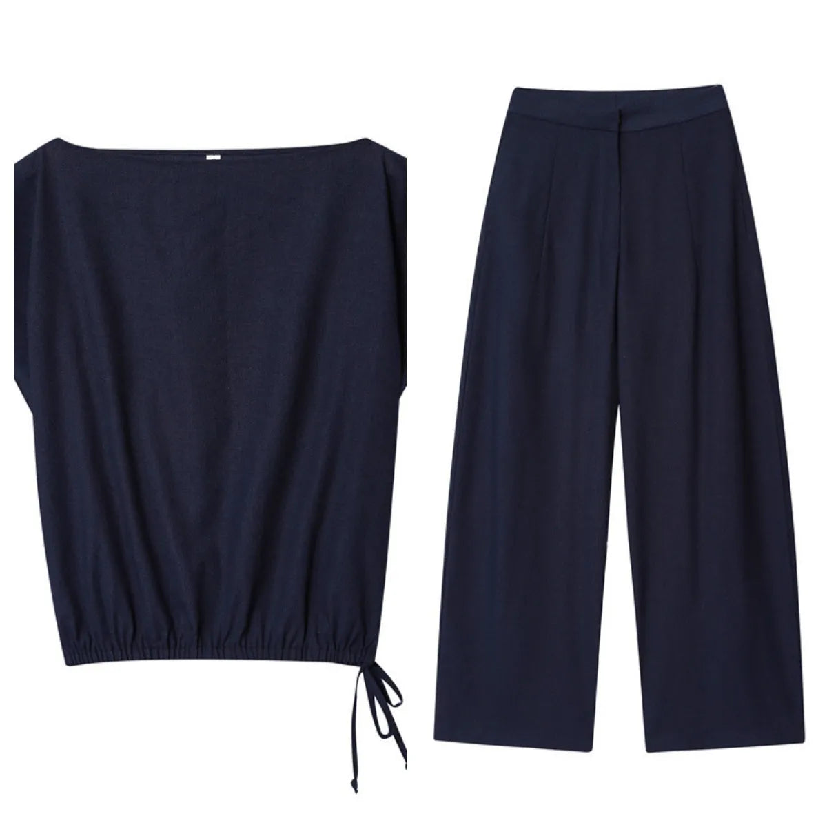 Women's linen blend off-neck shirt with flounced sleeves and matching wide leg trousers set.