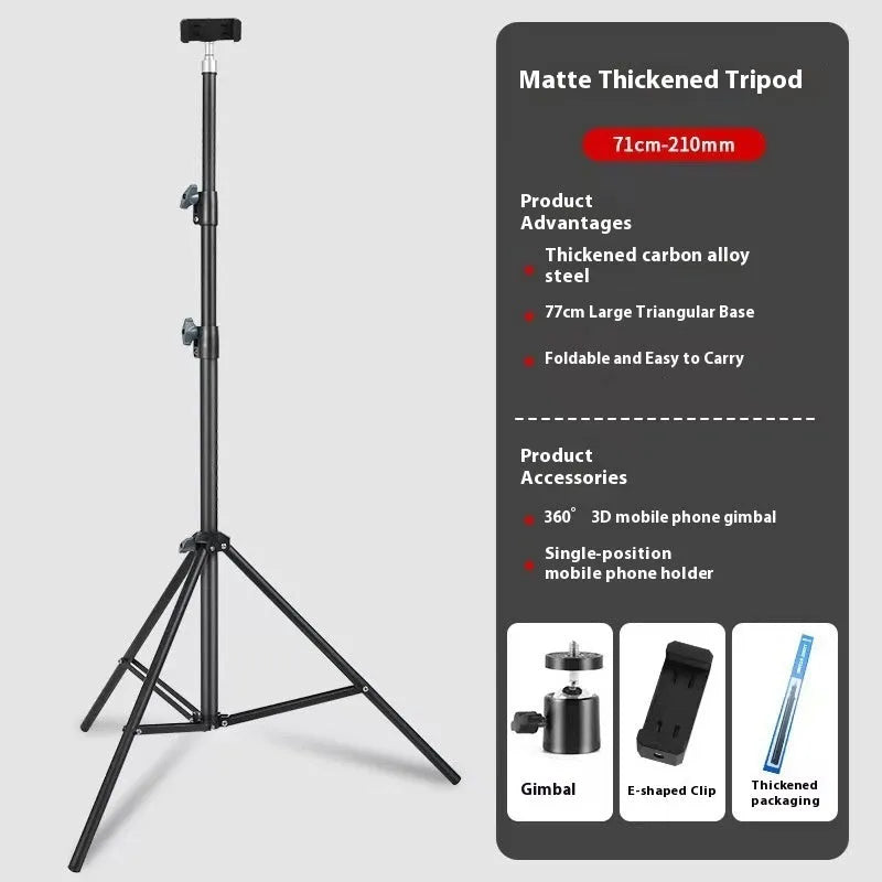 Frosted finish tripod light stand with mobile phone holder mounted, showing carbon steel construction and adjustable legs
